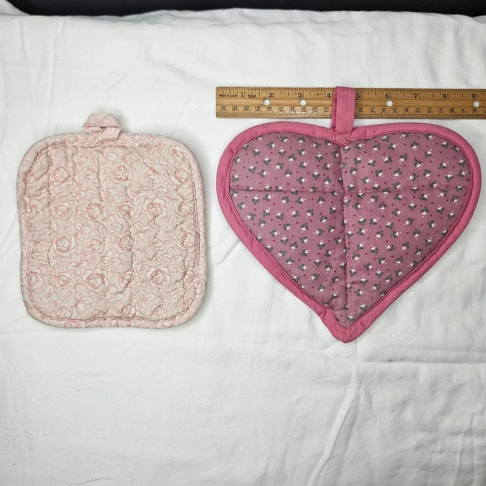 Vtg Floral Potholder Set Pink Heart Pocket Square Patchwork Cottagecore Handmade